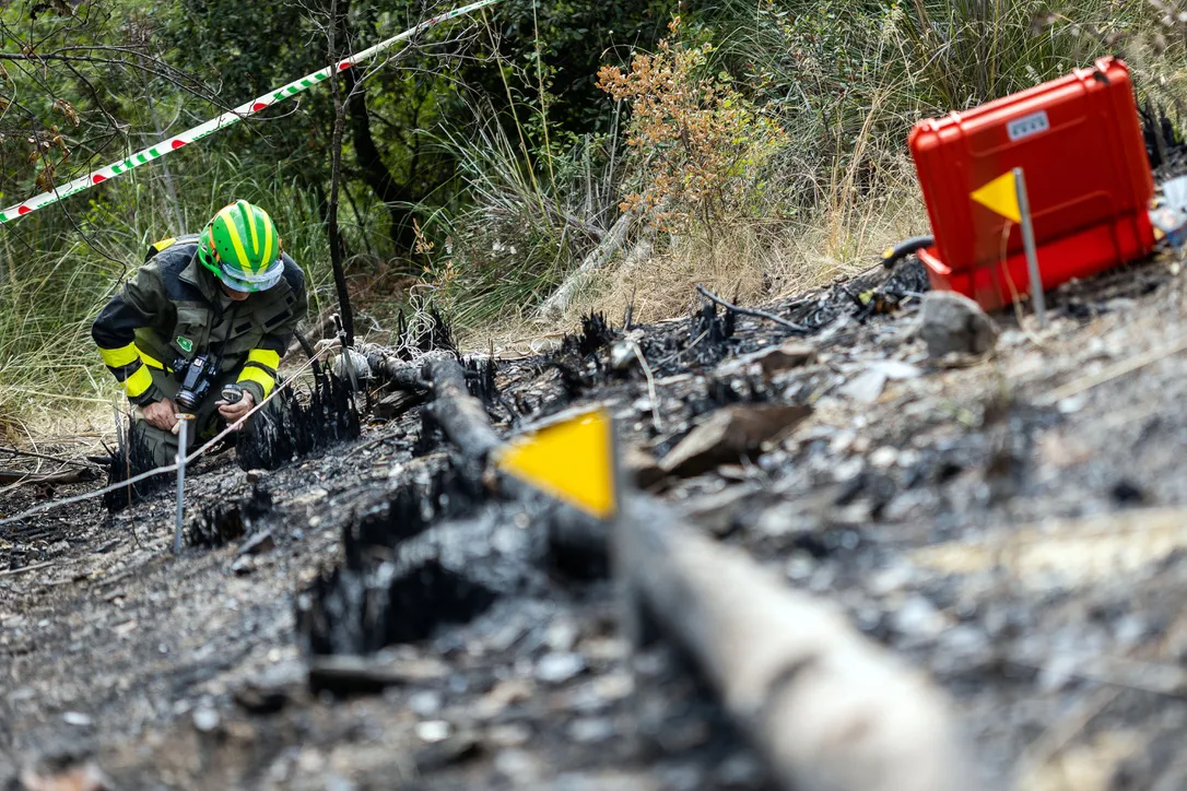 Un agent rural investigant el possible punt d'ignició en un incendi al Baix Llobregat